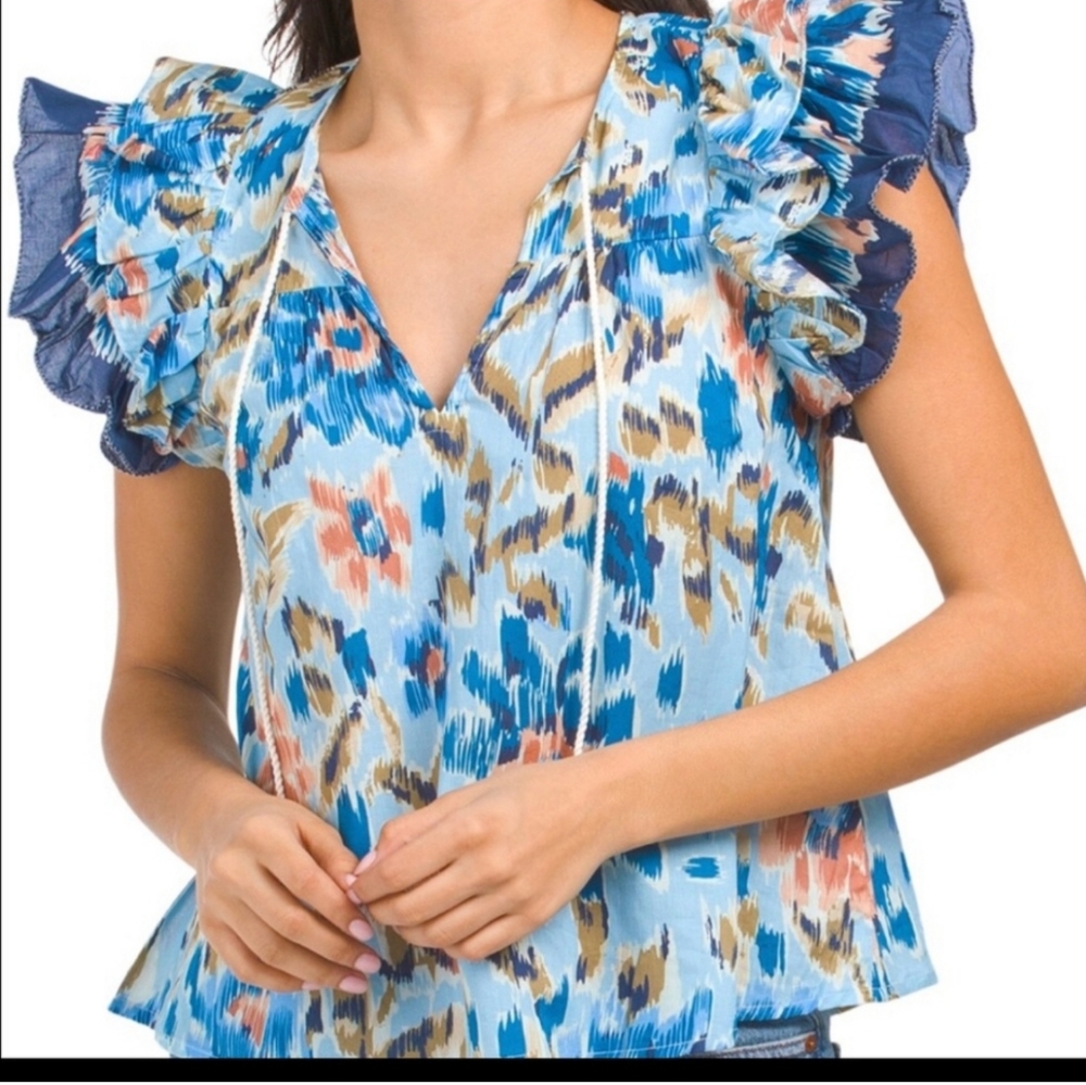 House of Harlow 1960 Floral Ruffle Sleeve Top Blue And Pink NWT XS